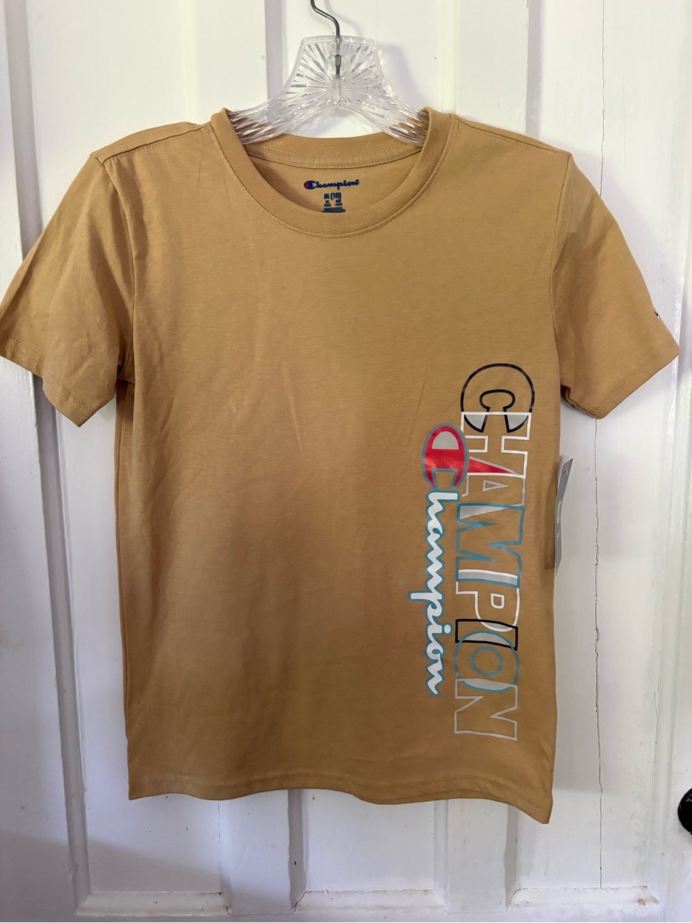 Champion Tan Tee with Vertical Multicolor Logo
